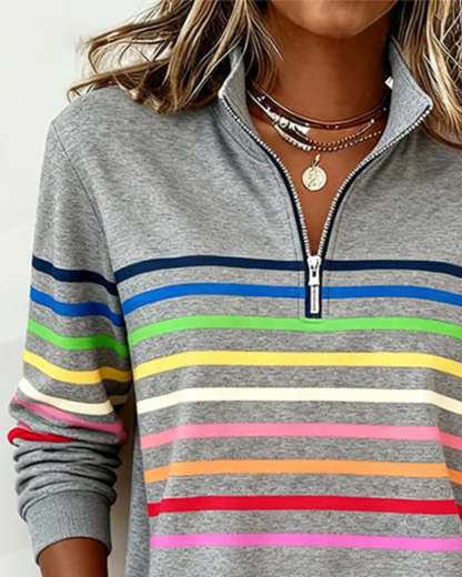 Mode Half-Zip Sweatshirt with Bold Rainbow Stripes
