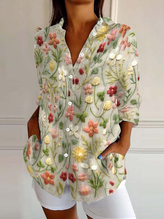 Women's Embroidered Floral Pattern Linen Blend Street Shirt