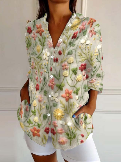 Women's Embroidered Floral Pattern Linen Blend Street Shirt