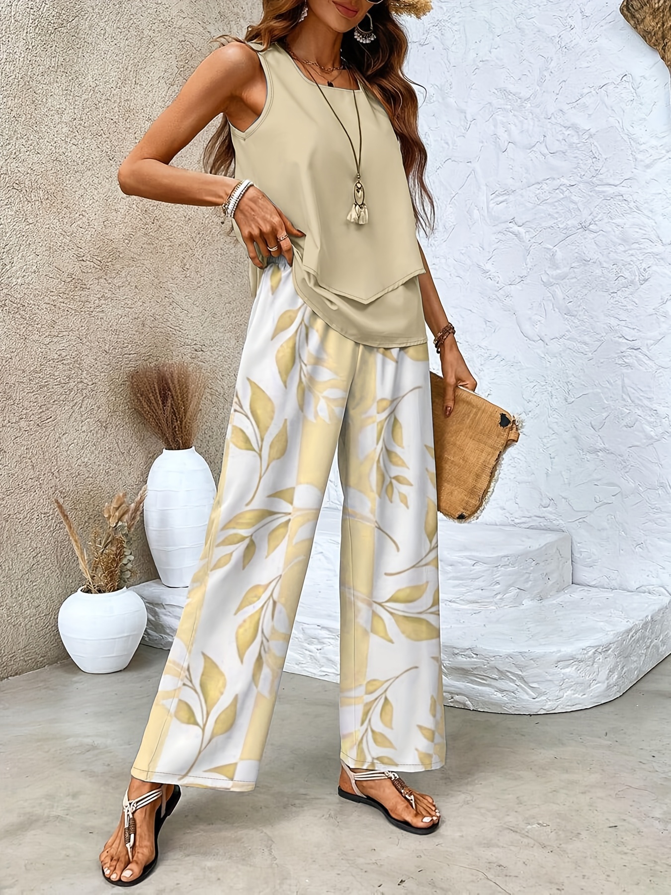 Green Plant Print Square Neck Two Piece Set