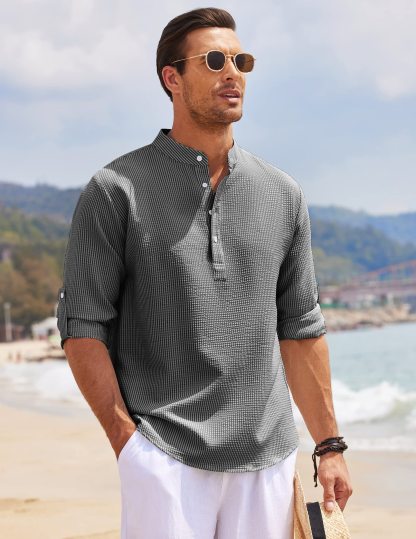 Men's Linen Henley Shirt Beach T Shirts Vertical Striped Hawaiian Shirts