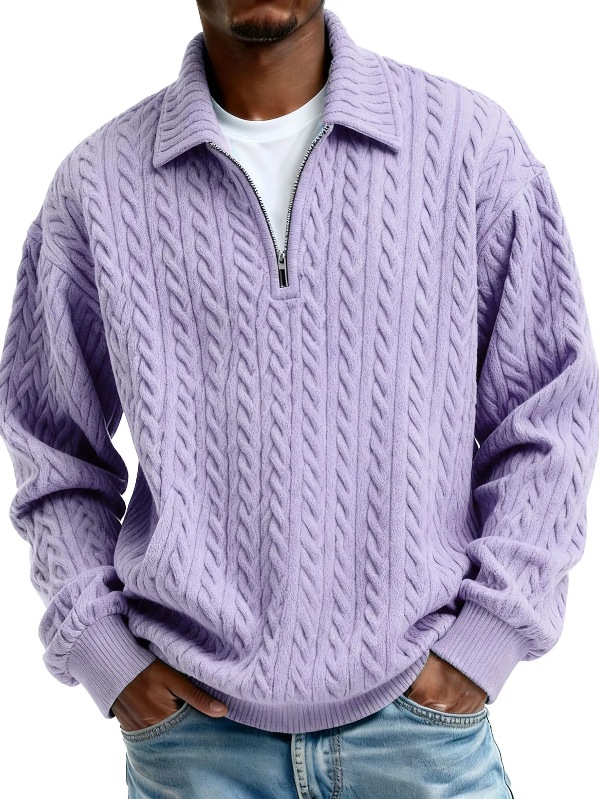 Men's Clothing Fashionable Casual Twist Texture Fabric Lapel Zipper Long-sleeved Hoodie