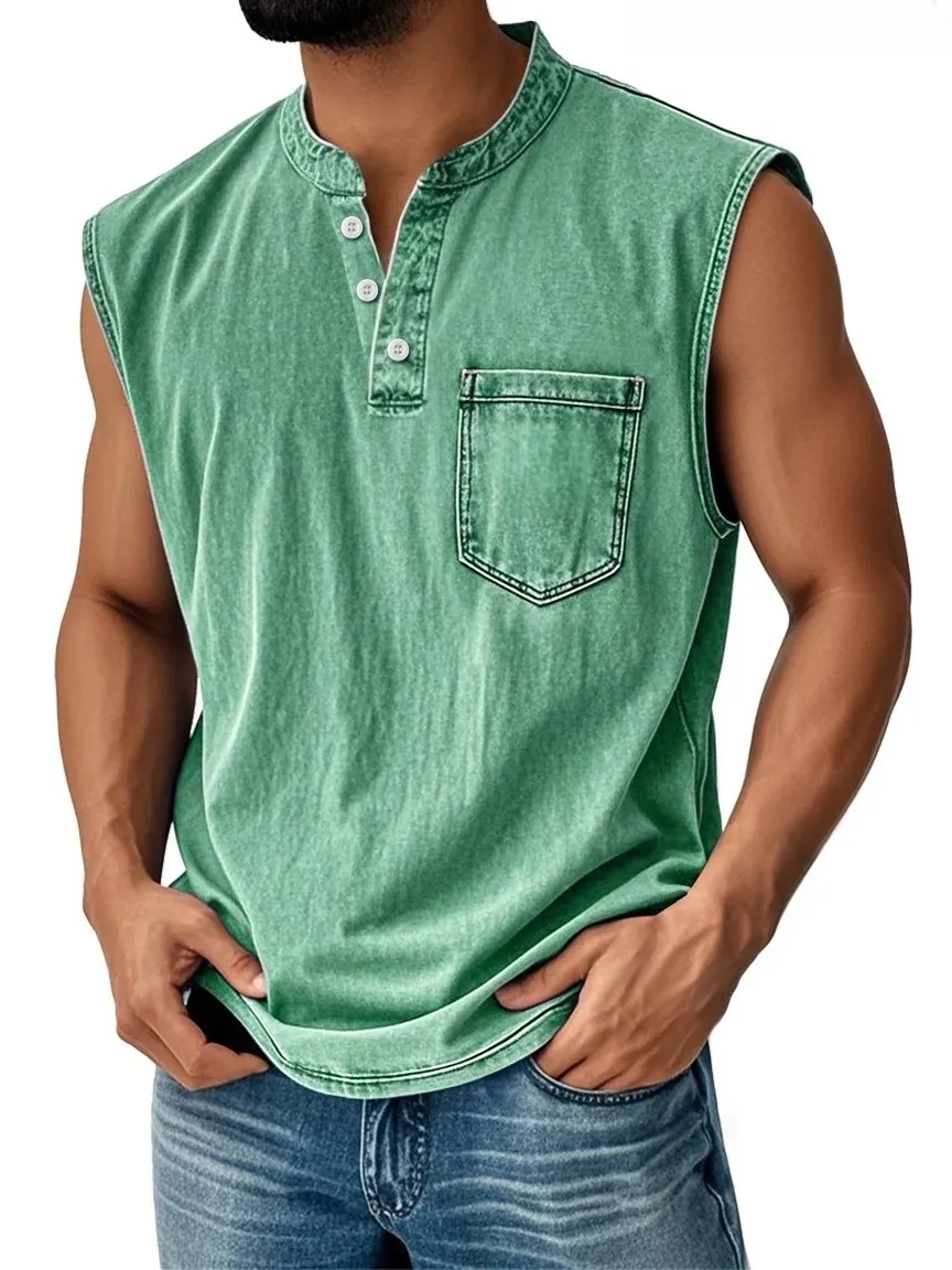 Carhartt Men's Vintage Stand Collar Casual Pocket Solid Color Sleeveless Henley Vest