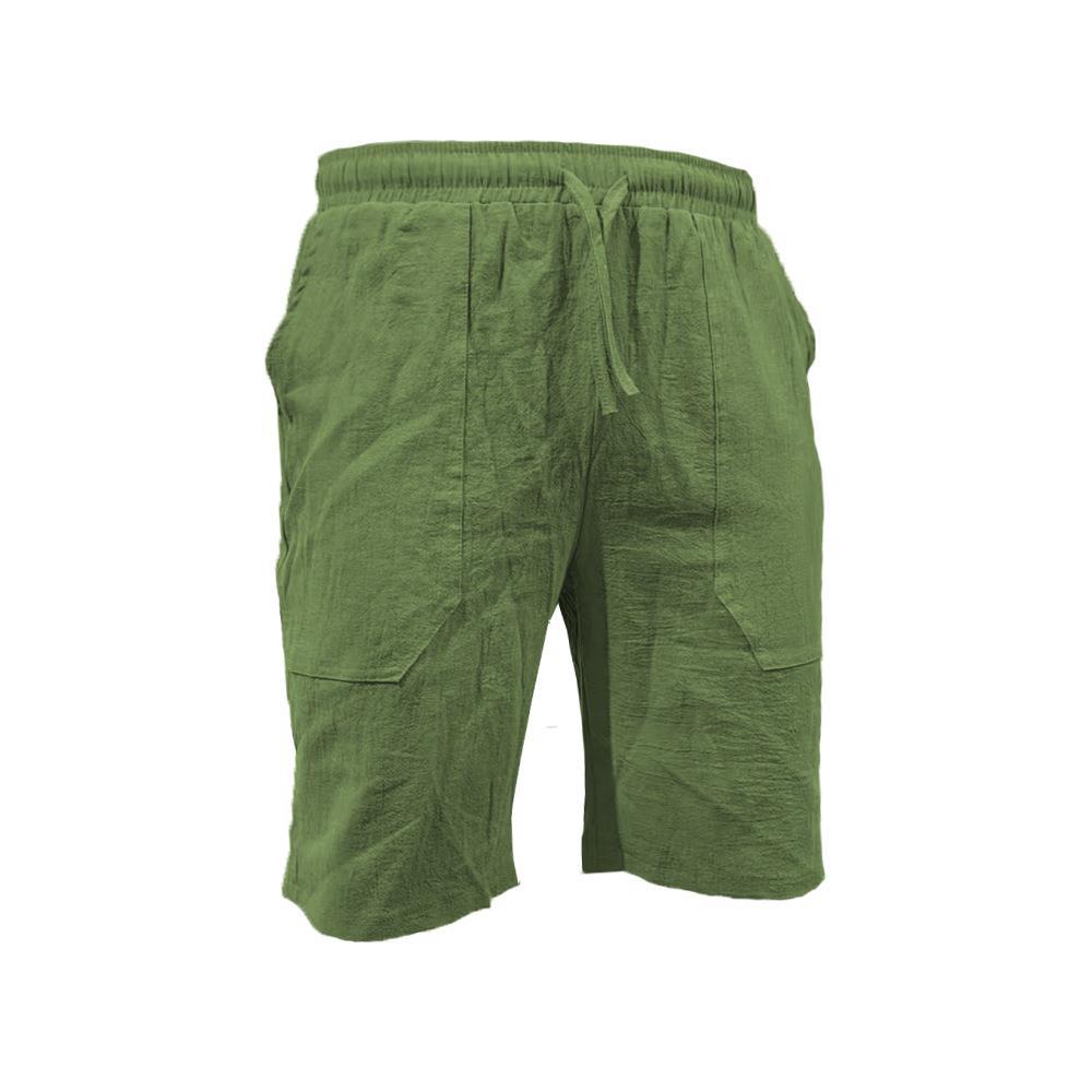 Men's summer cotton linen shorts draw rope elastic waist straight legs