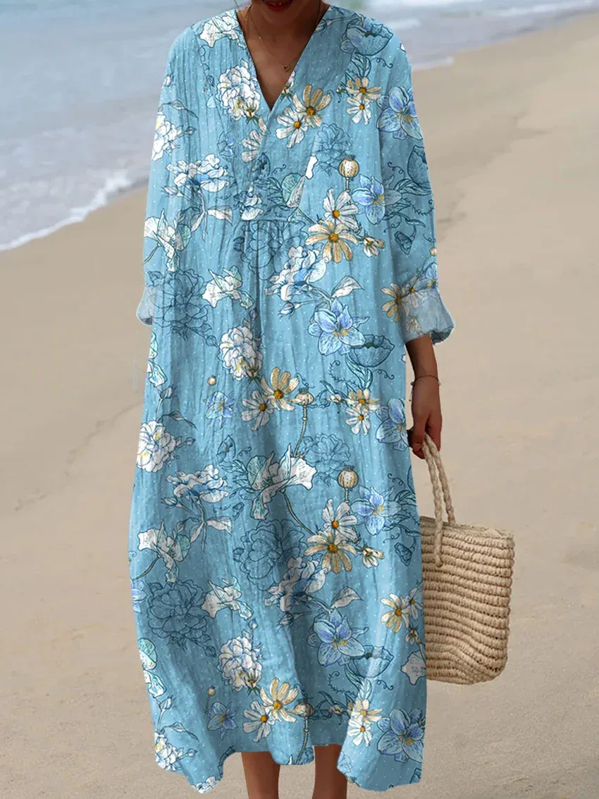 Women's Vintage Lovely Floral Art Print Cotton Dress