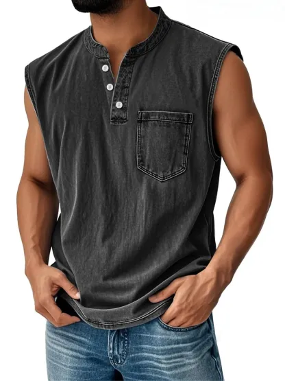Carhartt Men's Vintage Stand Collar Casual Pocket Solid Color Sleeveless Henley Vest
