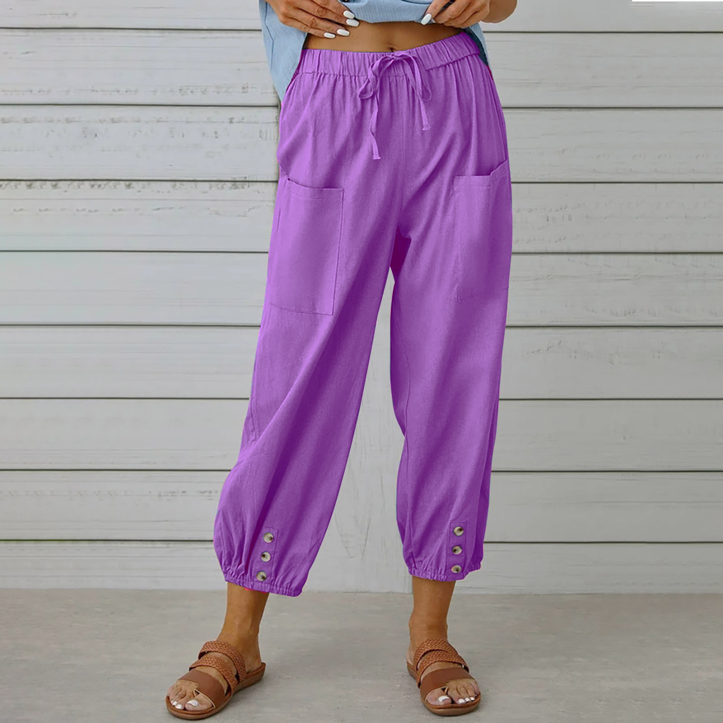 Solid Color Casual With Pocket Buttons Cotton Linen Trousers