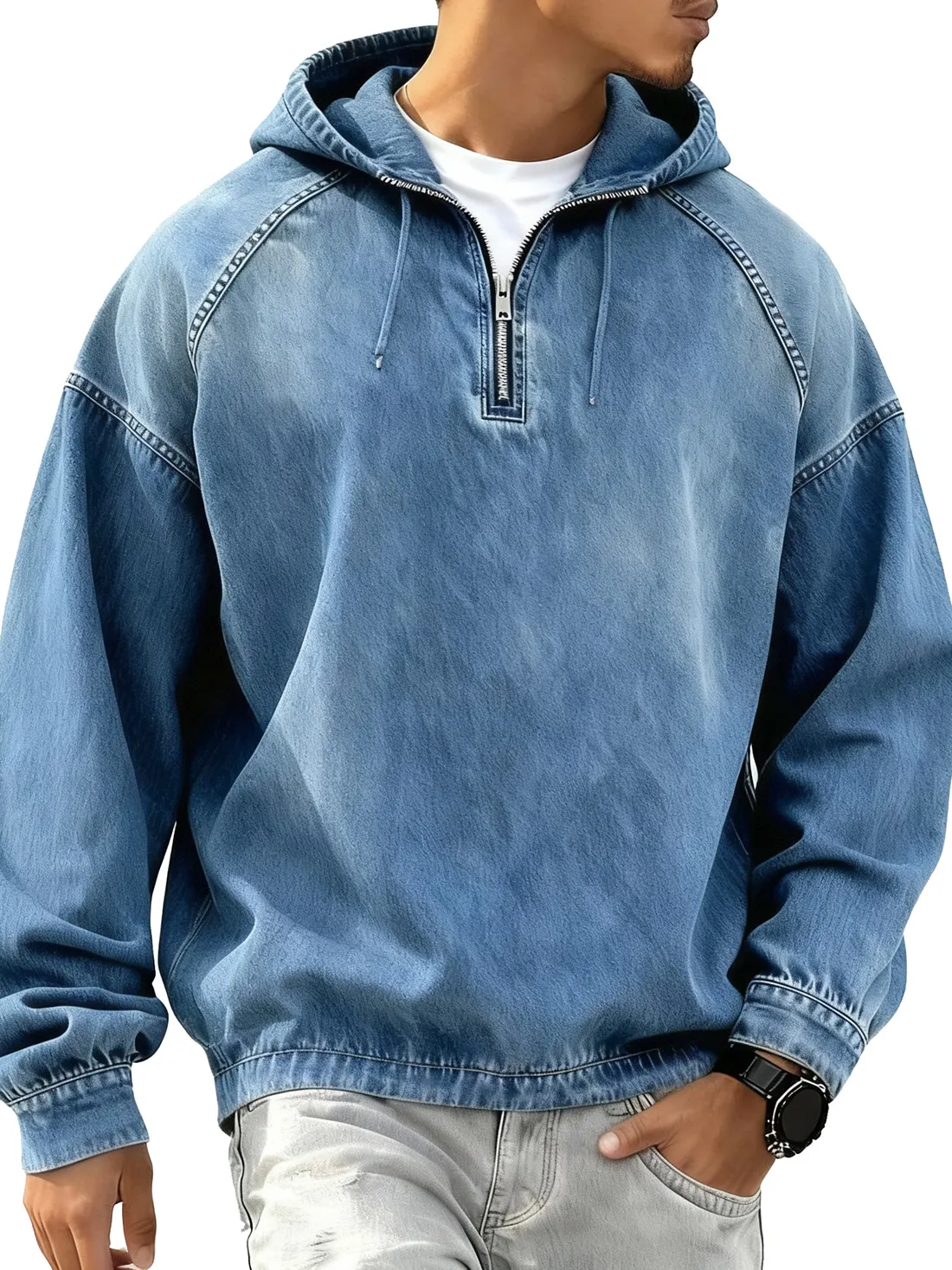 Men's Retro Fashion Distressed Raglan Long-Sleeve Hoodie