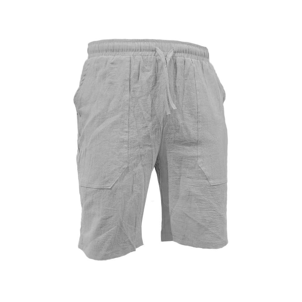 Men's summer cotton linen shorts draw rope elastic waist straight legs