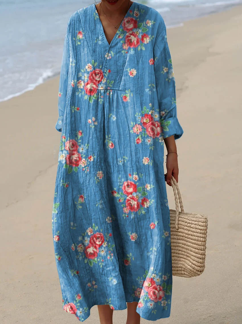 Women's Vintage Lovely Floral Art Print Cotton Dress