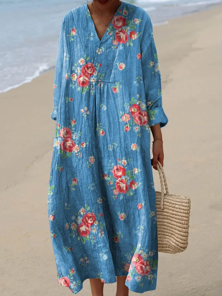 Women's Vintage Lovely Floral Art Print Cotton Dress