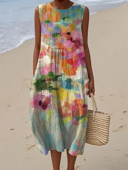 Women's Vintage Floral Pattern Art Print Sleeveless Pocket Wrap Dress