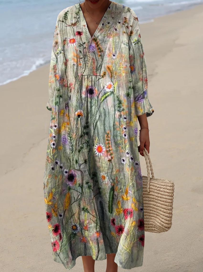 Women's Vintage Lovely Floral Art Print Cotton Dress
