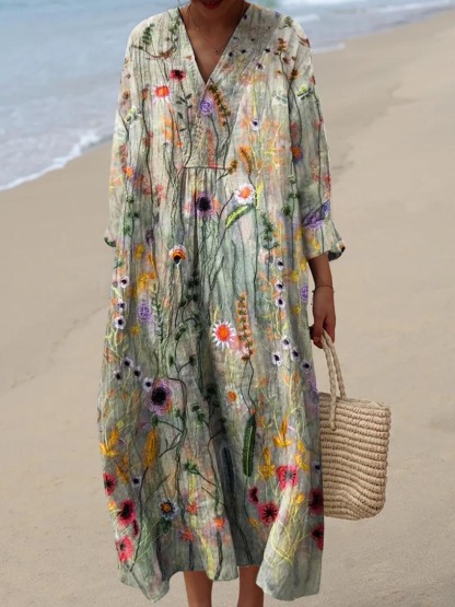 Women's Vintage Lovely Floral Art Print Cotton Dress