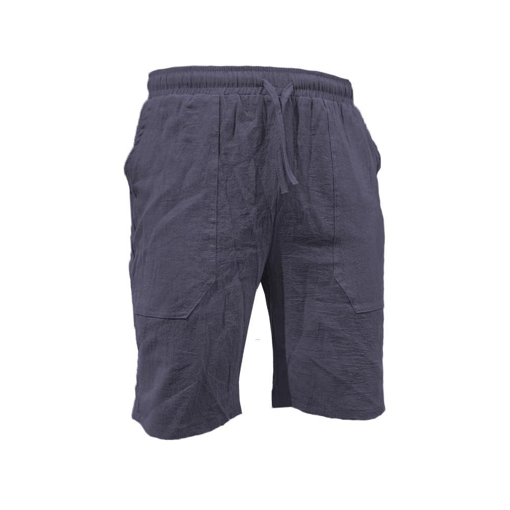 Men's summer cotton linen shorts draw rope elastic waist straight legs