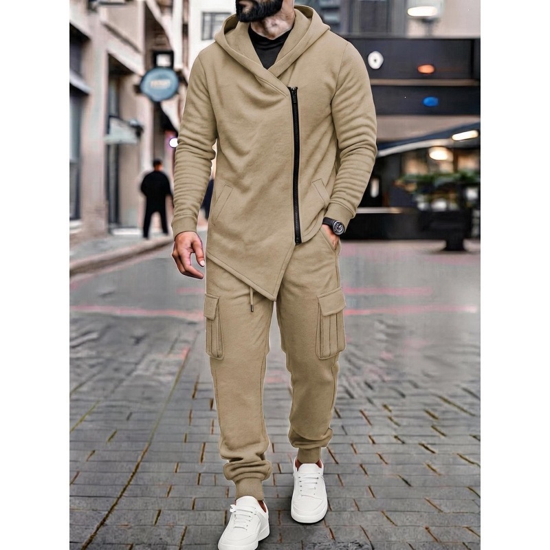 Men's Asymmetric Zip Hooded Cargo Jogger Set