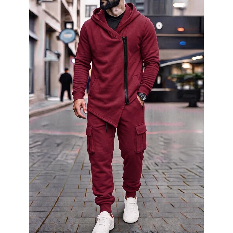 Men's Asymmetric Zip Hooded Cargo Jogger Set
