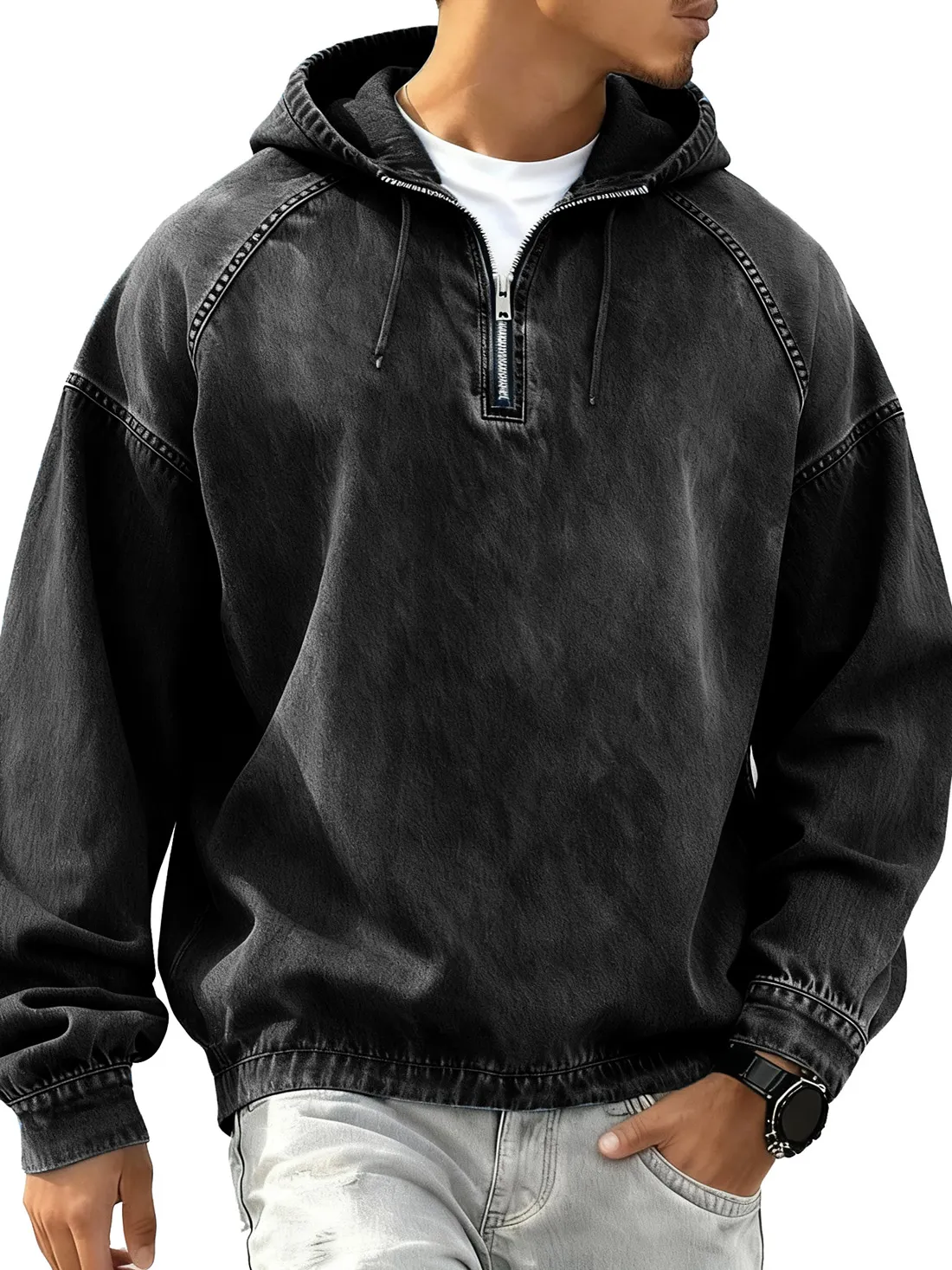Men's Retro Fashion Distressed Raglan Long-Sleeve Hoodie