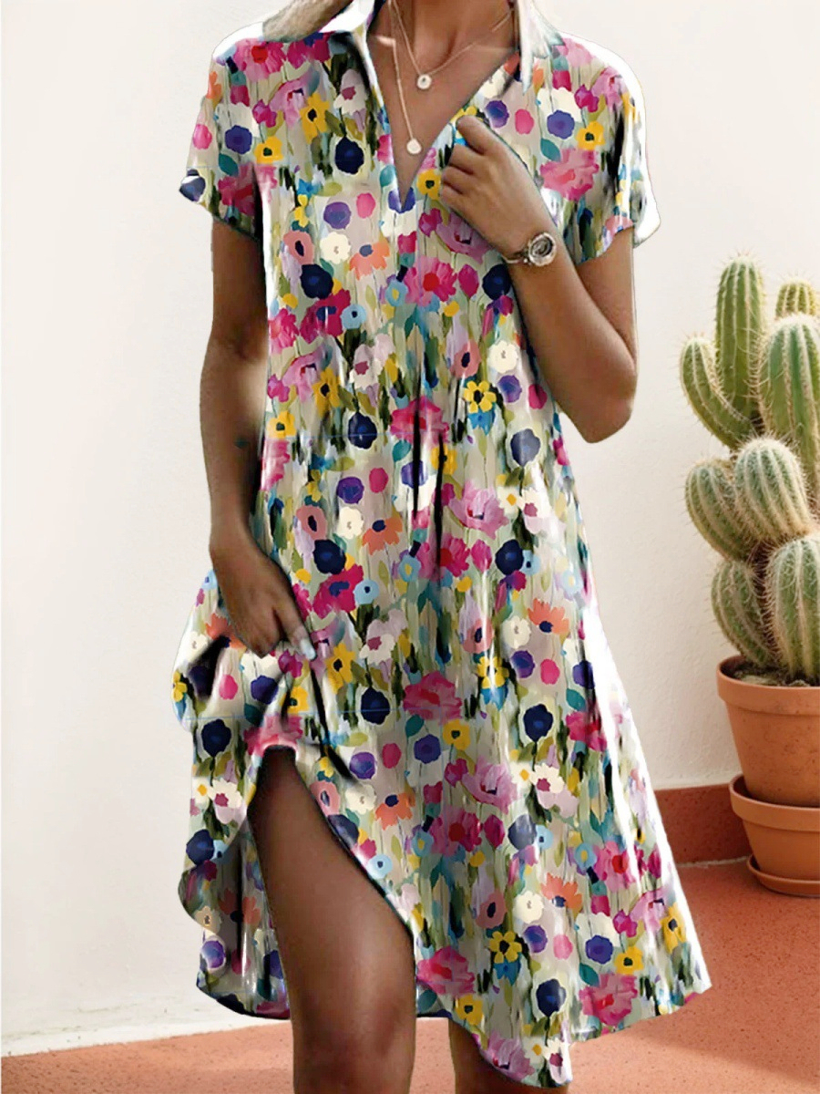 Casual Ditsy Floral Polo Collar Dress