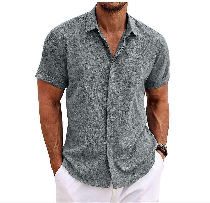 Men's Cotton and Linen Pullover Shirt Button-Down Everyday Hawaiian Short Sleeve Shirt