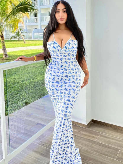 Women's Floral Off Shoulder Lace Up Deep V Neck  Long Dress