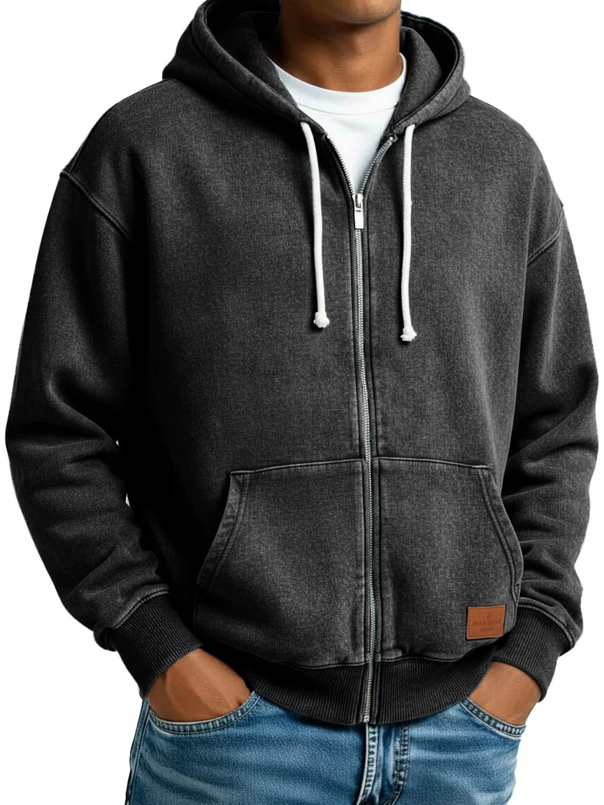 Men's Clothing Fashion Retro Vintage Embroidery Logo Leather Card Long-sleeved Cardigan Pocket Hoodie