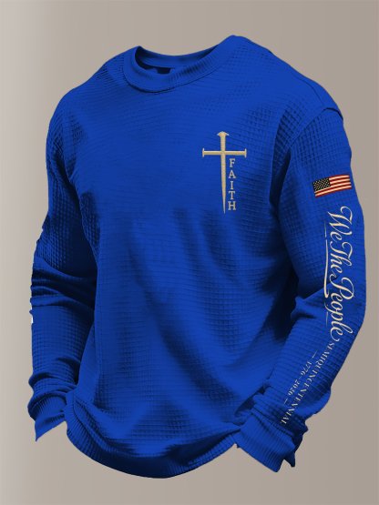 Men's 250th America Anniversary Casual Printed Waffle Fabric Long-Sleeved T-Shirt