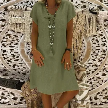 Womens V Neck Cotton Linen Dress Ladies Casual Baggy Plain Tunic Dress Plus Size