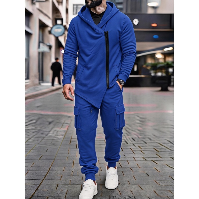 Men's Asymmetric Zip Hooded Cargo Jogger Set