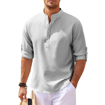 Men's Linen Henley Shirt Beach T Shirts Vertical Striped Hawaiian Shirts