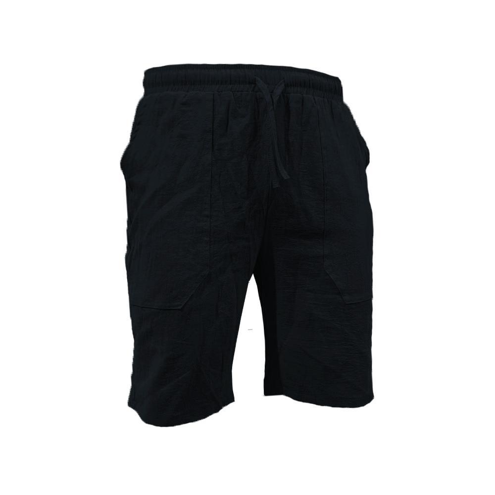 Men's summer cotton linen shorts draw rope elastic waist straight legs