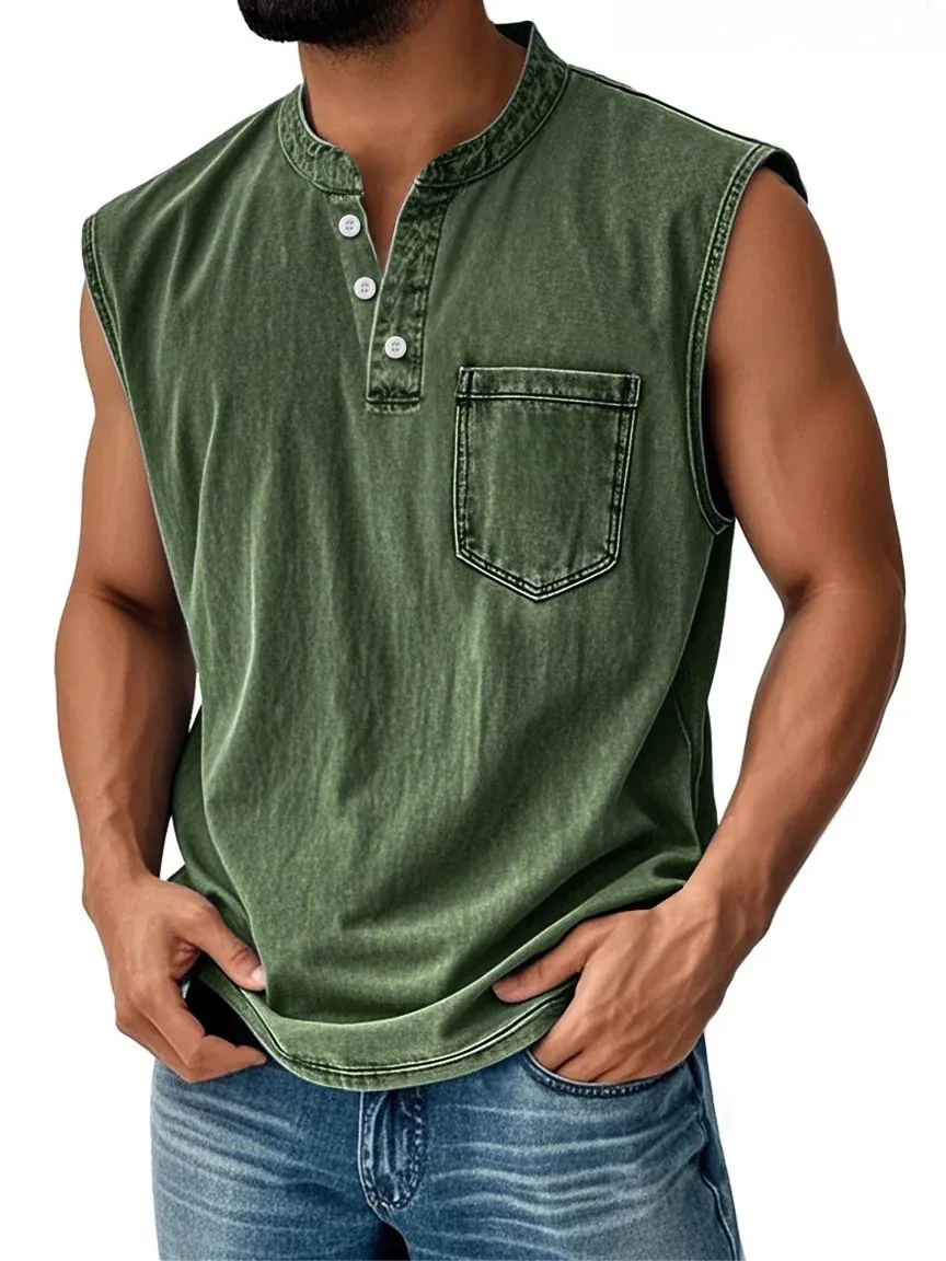 Carhartt Men's Vintage Stand Collar Casual Pocket Solid Color Sleeveless Henley Vest