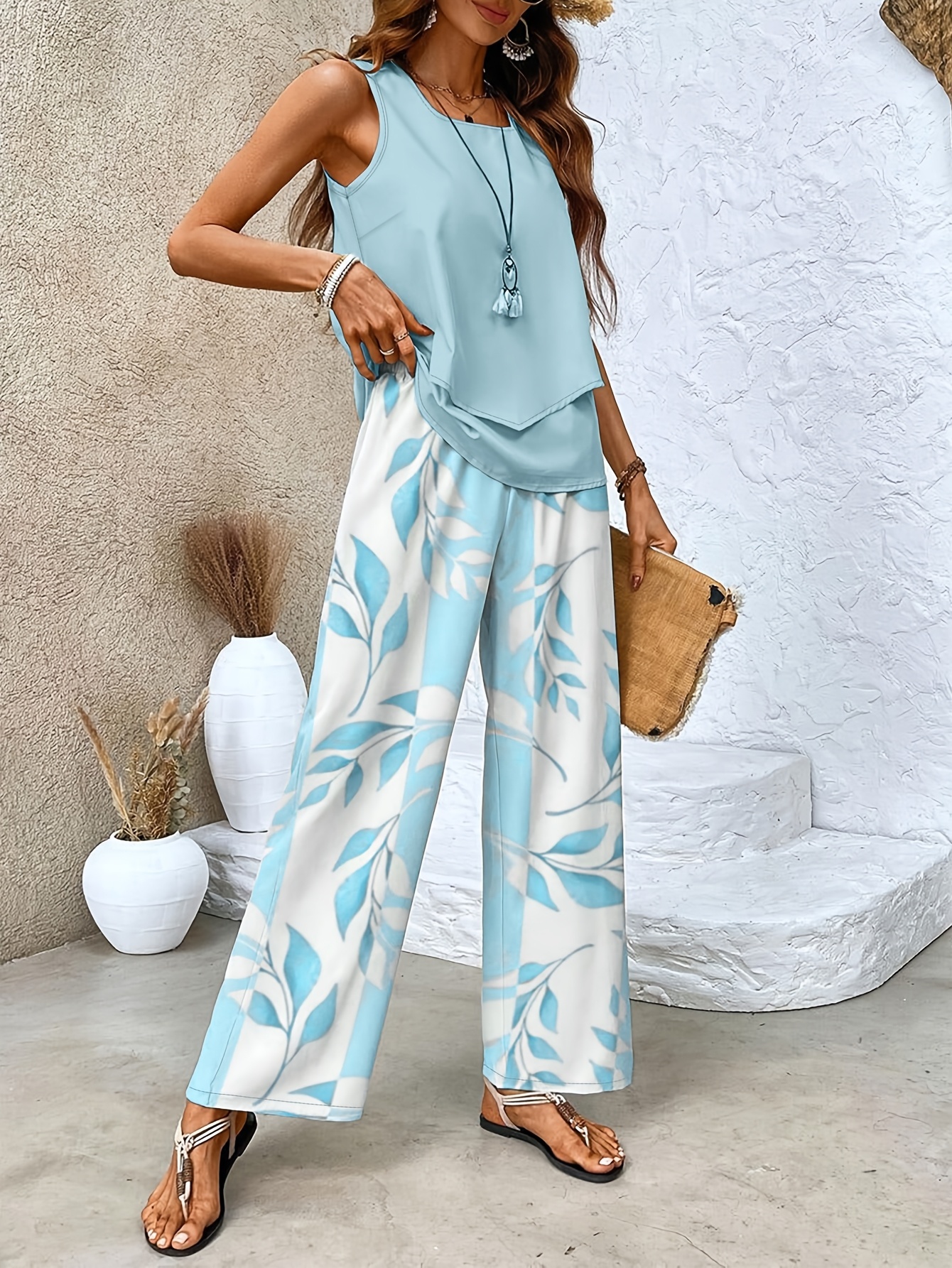 Green Plant Print Square Neck Two Piece Set