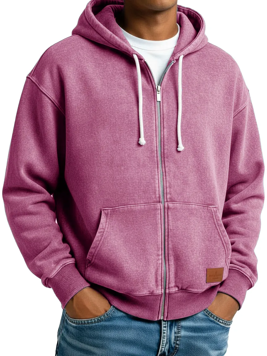 Men's Clothing Fashion Retro Vintage Embroidery Logo Leather Card Long-sleeved Cardigan Pocket Hoodie