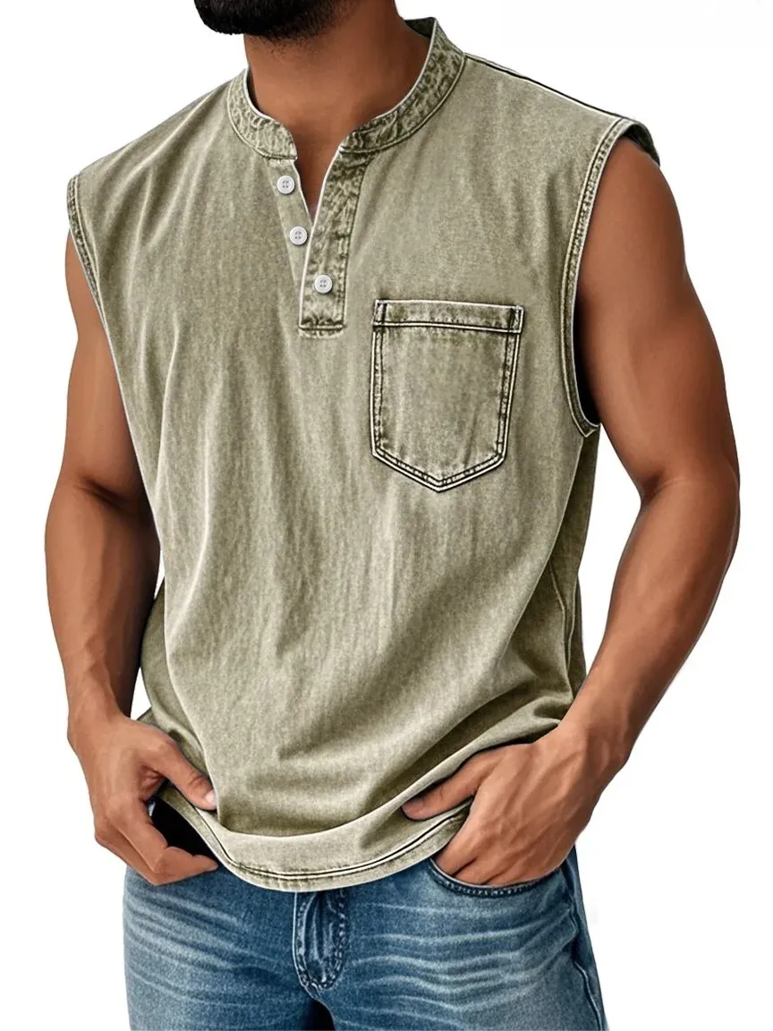 Carhartt Men's Vintage Stand Collar Casual Pocket Solid Color Sleeveless Henley Vest
