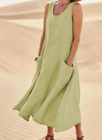 Women's Maxi Dress - Sleeveless Linen - Loose Fit with Pockets - Flowy