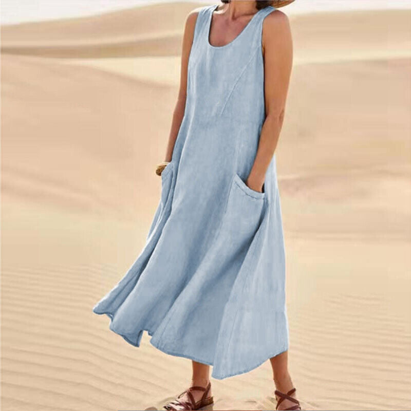 Women's Maxi Dress - Sleeveless Linen - Loose Fit with Pockets - Flowy