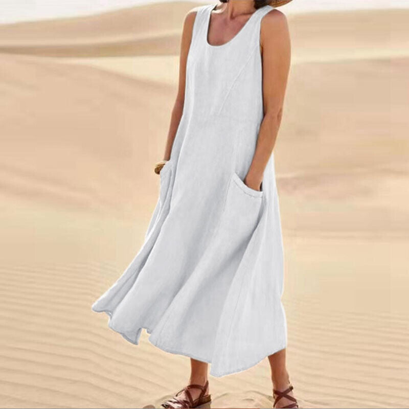 Women's Maxi Dress - Sleeveless Linen - Loose Fit with Pockets - Flowy