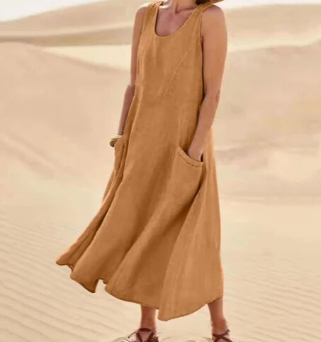 Women's Maxi Dress - Sleeveless Linen - Loose Fit with Pockets - Flowy