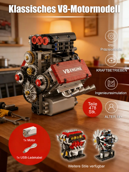 【Echtstartfähiges】Maschinentechnologie-V8-Motorantriebsgruppe ✨️1:16 Maßstab, 8 Zylinder & CNC Präzision – Nicht nur Modell, sondern echter laufender Motor🎇
