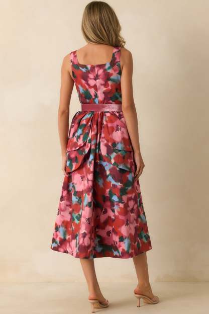 Prosperina Diana Pink Multi Floral Print Cotton Belted Midi Dress