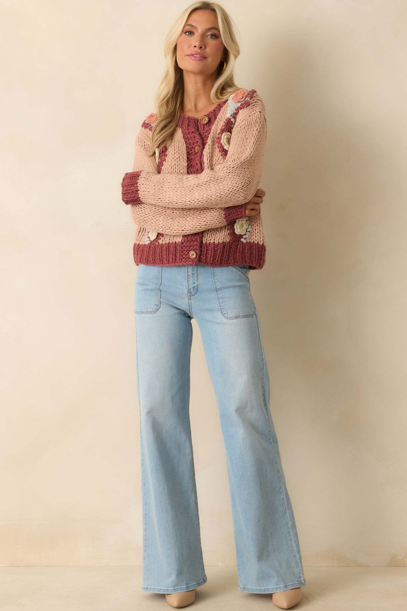 Right Where I Want To Be Dusty Rose Pink Floral Knit Cardigan