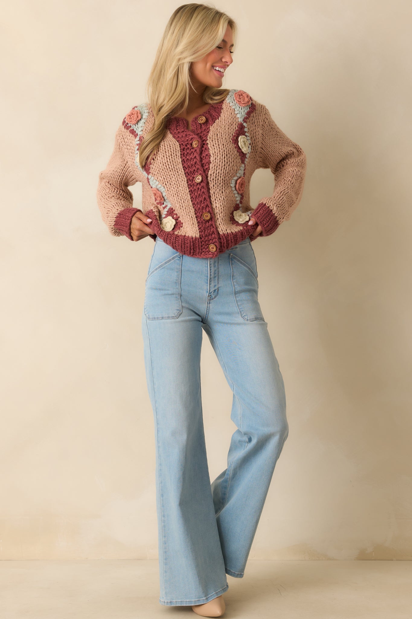 Right Where I Want To Be Dusty Rose Pink Floral Knit Cardigan