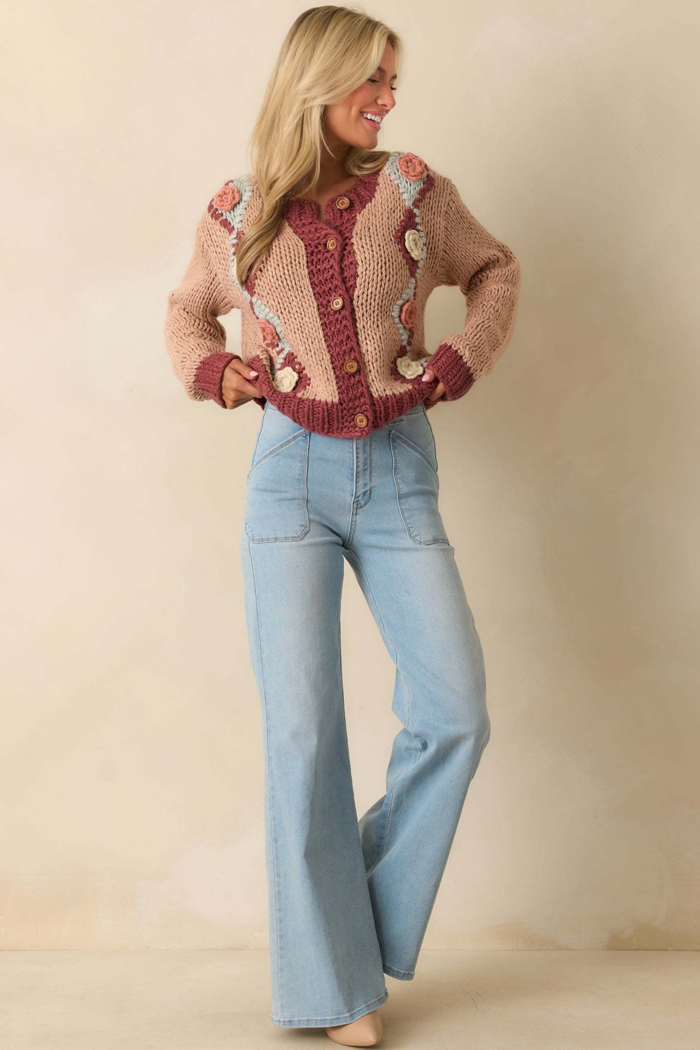 Right Where I Want To Be Dusty Rose Pink Floral Knit Cardigan