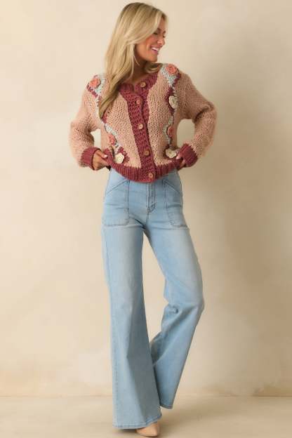 Right Where I Want To Be Dusty Rose Pink Floral Knit Cardigan