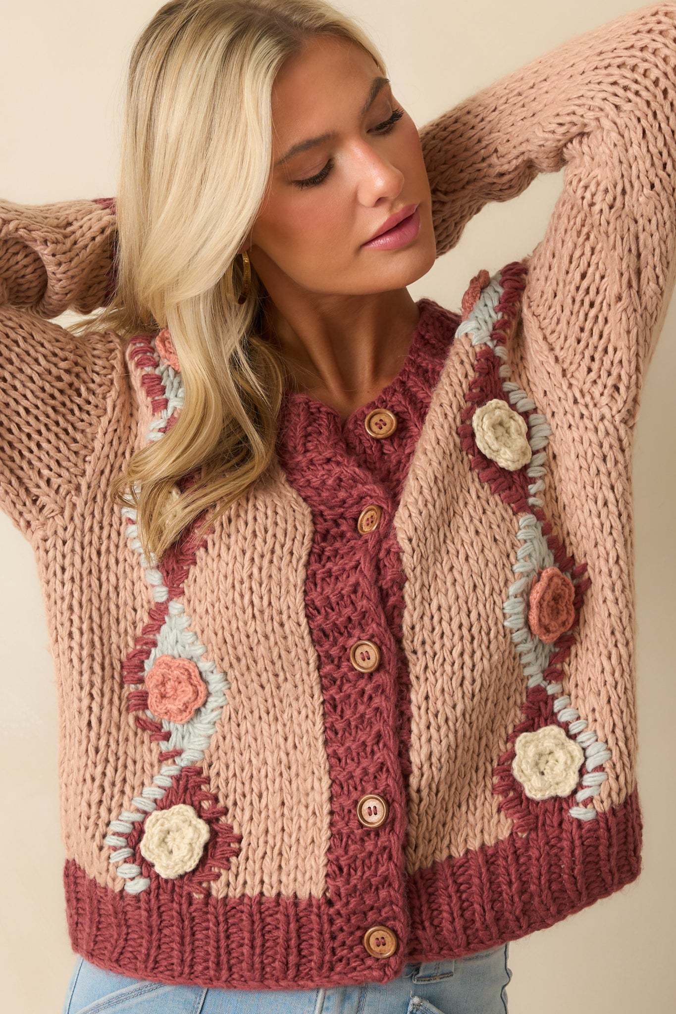 Right Where I Want To Be Dusty Rose Pink Floral Knit Cardigan