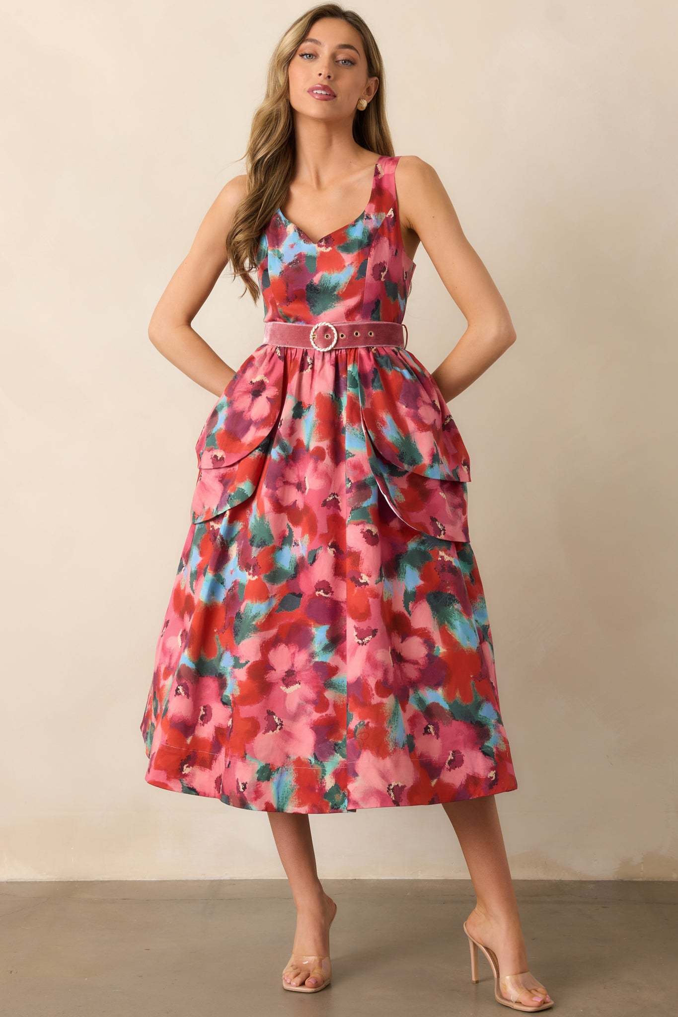 Prosperina Diana Pink Multi Floral Print Cotton Belted Midi Dress