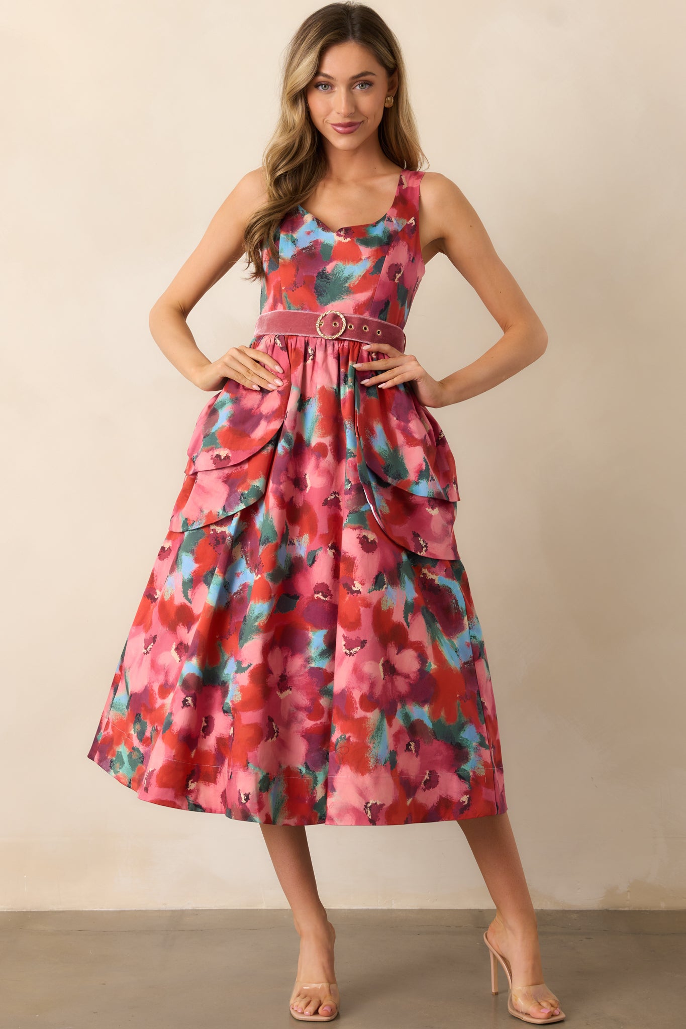 Prosperina Diana Pink Multi Floral Print Cotton Belted Midi Dress