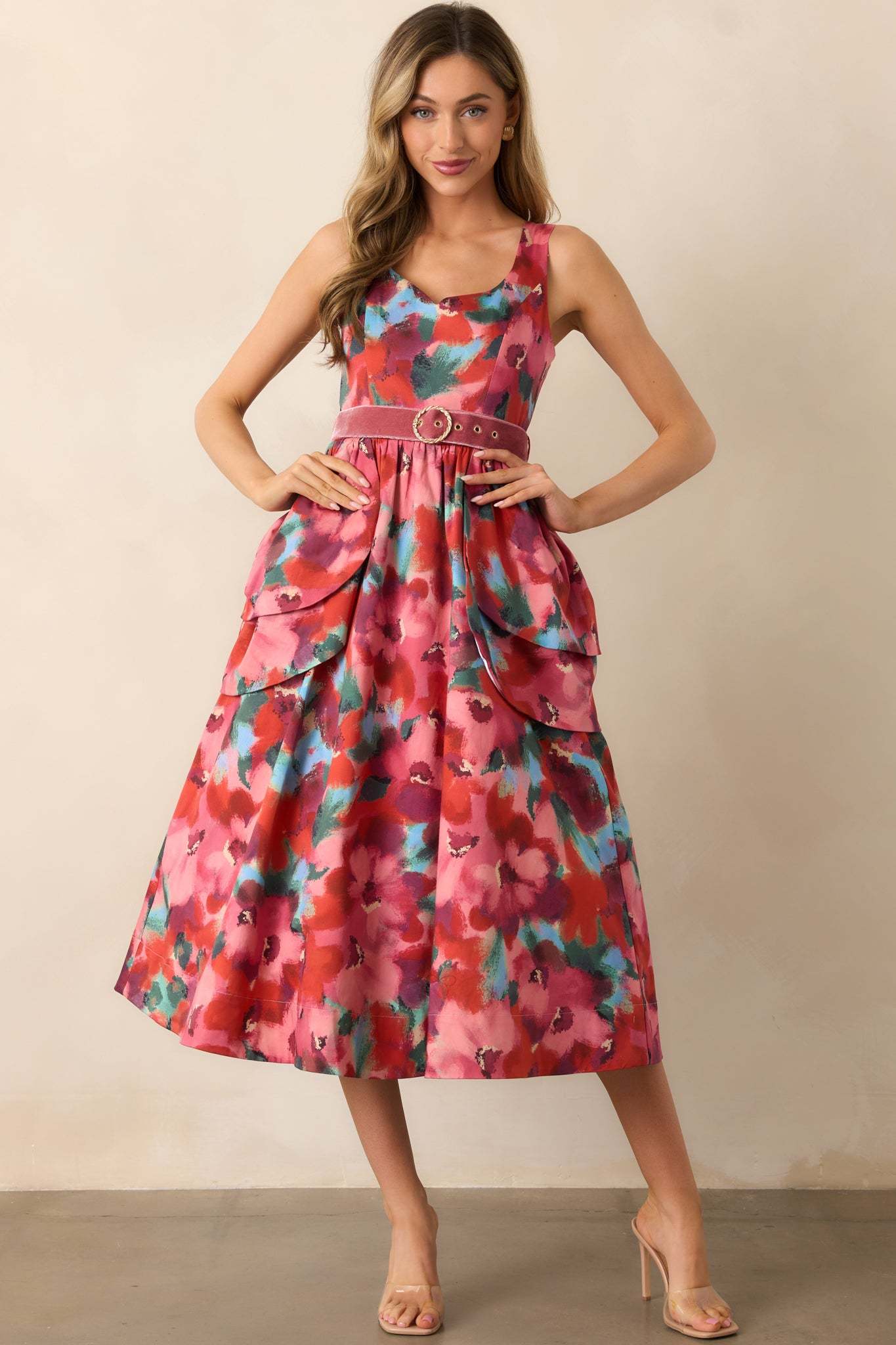 Prosperina Diana Pink Multi Floral Print Cotton Belted Midi Dress