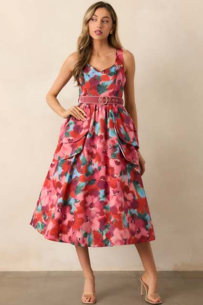 Prosperina Diana Pink Multi Floral Print Cotton Belted Midi Dress